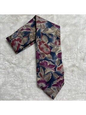 Vintage Christian Dior Monsieur Silk Tie Floral Leaf Pattern Burgundy Blue Tan